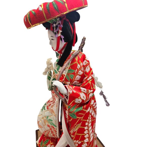 Japanese Geisha Doll With Willow Branches In Traditional Kimono On Wooden Base J - Picture 13 of 14